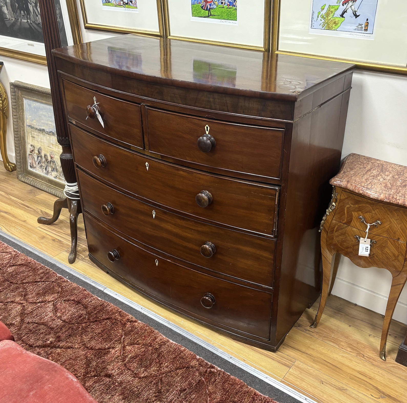 An early 19th century mahogany bowfront chest of drawers, with bone escutcheons, width 114cm, depth 55cm, height 107cm